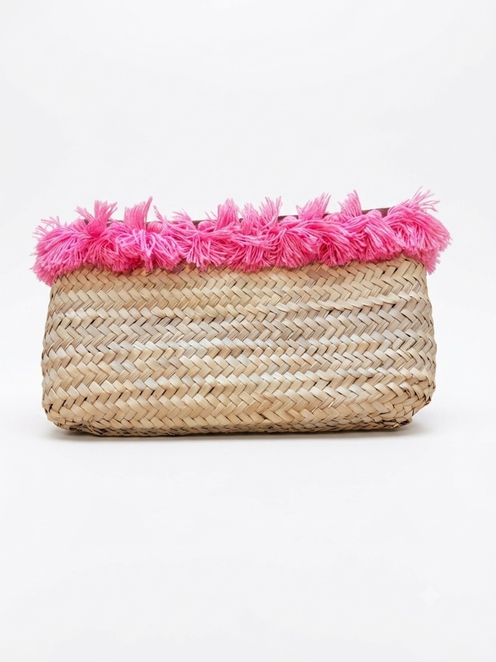 Summer Straw Woven Clutch Hot Pink Tassel Fringe Trim Boho Beach Vacation Raffia